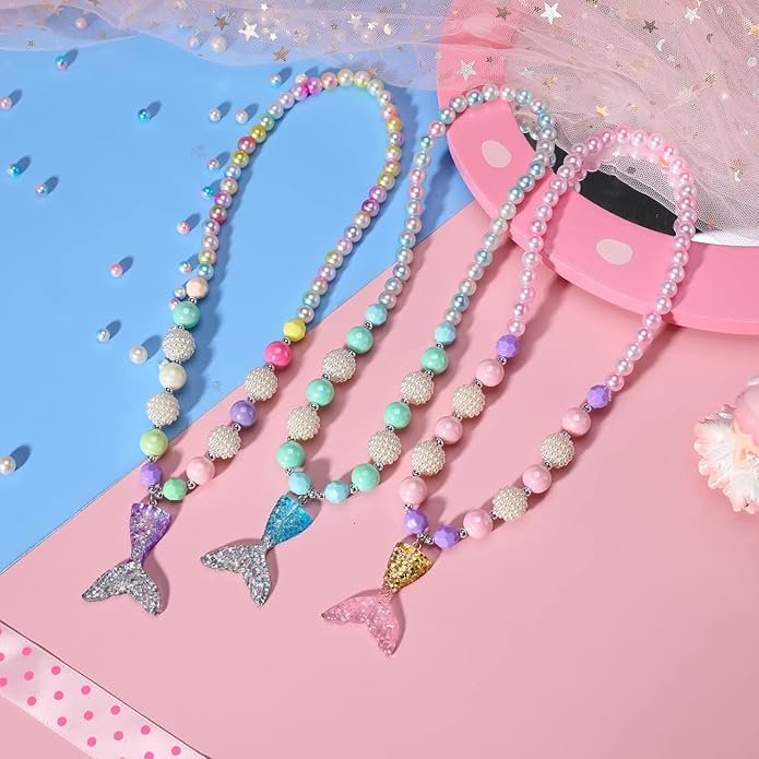 PinkSheep Mermaid Beaded Necklace Bracelets for Kids, Little Girl Mermaid Pearl Jewelry Sets, 6 Pack 12pc, Favors Bags for Party