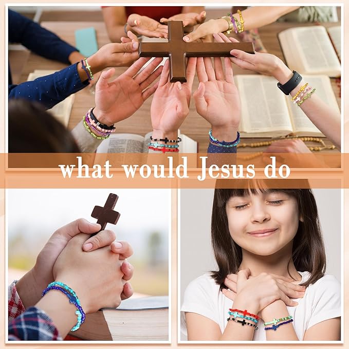 72 Pcs WWJD Bracelets Jesus You Christian Bracelets Bulk, Beaded Friendship Bracelet for Women Kid Colorful Religious Bracelets Inspirational Reminder Jewelry Gift(Religious)