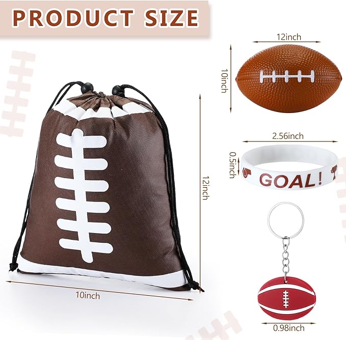 Nuogo 48 Pcs Football Party Favors Supplies Include 12 Pcs Football Goodie Bags 12 Pcs Football Bracelets 12 Pcs Football Stress Balls 12 Pcs Mini Football Keychain Birthday School Sport