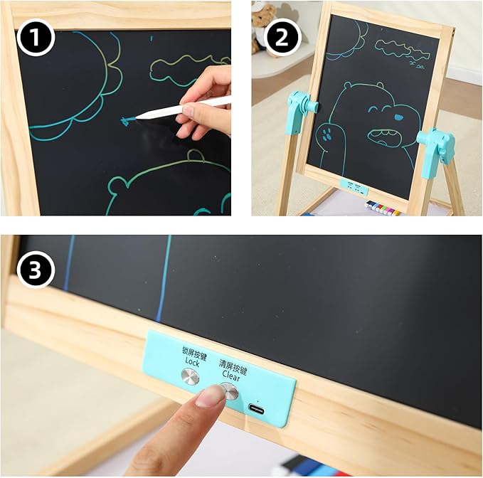 Easel for Kids,Adjustable Toddler Art Easels with LCD Doodle Board,Magnetic White Board and Chalk Board with Art Supplies (ML-0036-002)