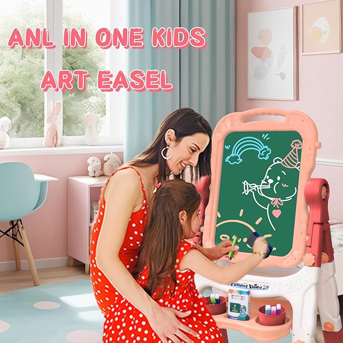 Easel for Kids, Double Sided Kids Art Easel with White Board & Chalk Board, Adjustable Standing Toddler Easel with Drawing & Writing Accessories, Toy for Age 2-4 Boys Girls Birthday Gifts (Pink)