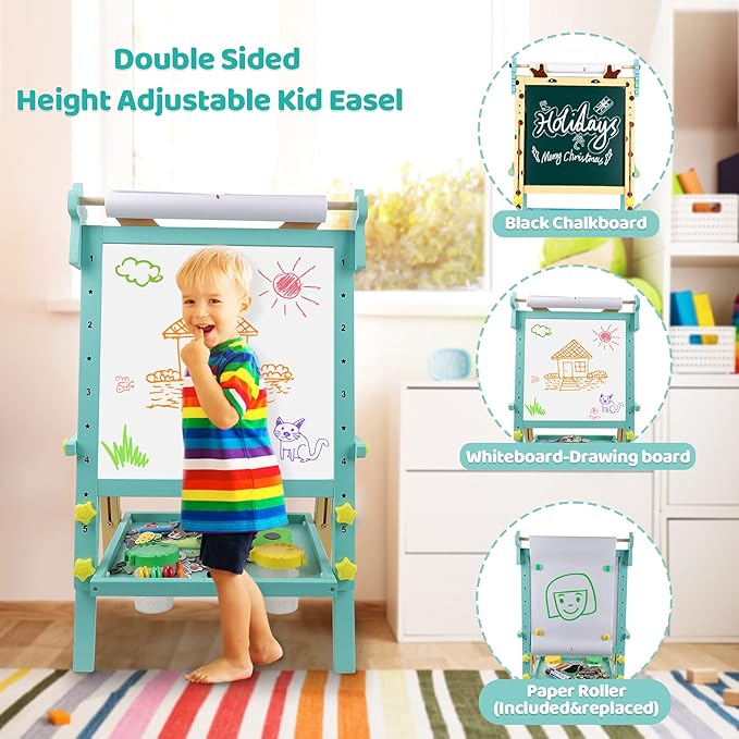 Double-Sided Whiteboard & Chalkboard Adjustable Kids Art Easel Standing Easel with Other Accessories for Kids and Toddlers