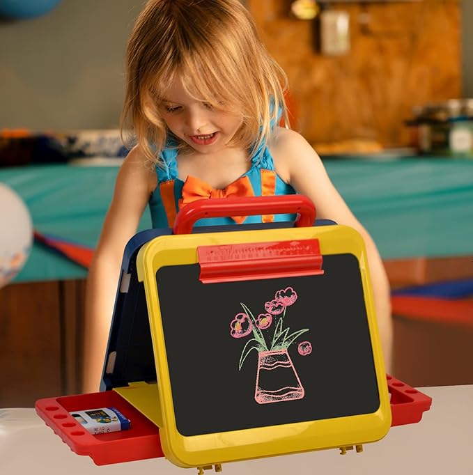 Easel for Kids-Art Easel for Toddler-Chalkboard White Board for Kids-Dry Erase Table Top Easel for Kids-Foldable Double-Sided Easel-Portable Desktop Easel for Toddler Kids3 4 5 6 7 8(Blue & Yellow)