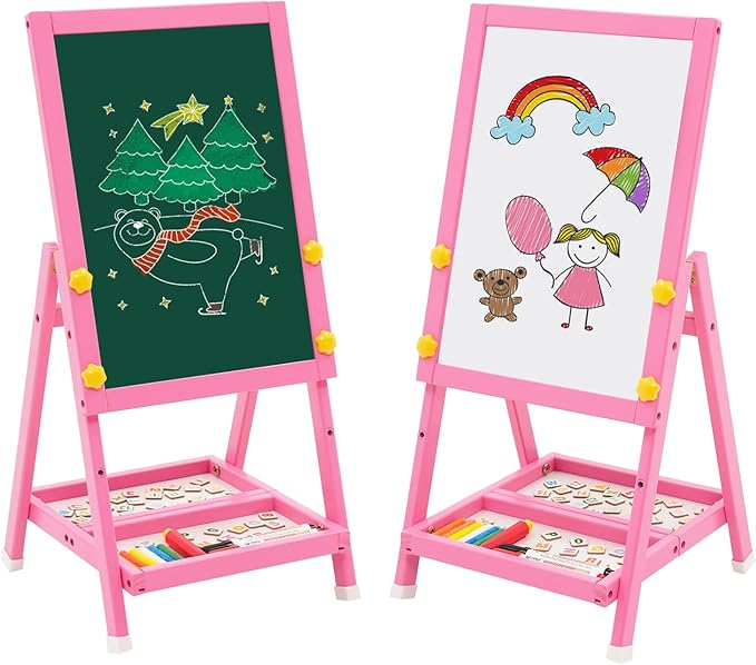 NUKied Wooden Kids Easel Double Sided Easel Height Adjustable Drawing Board Standing Art Easel for Kids with Foldable Storage Tray for Boys and Girls 3+ (Pink)