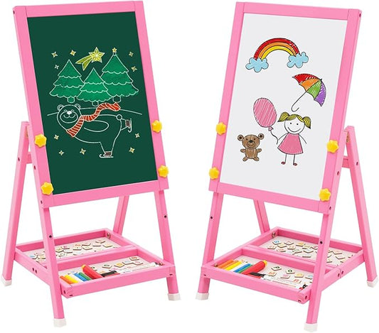NUKied Wooden Kids Easel Double Sided Easel Height Adjustable Drawing Board Standing Art Easel for Kids with Foldable Storage Tray for Boys and Girls 3+ (Pink)