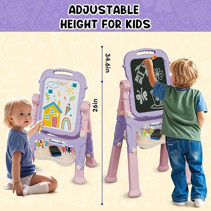 Easel for Kids, Kids Easel, Double-Sided Art Easel for Kid 3-4, Chalk Board Kid, Toddler Easel, White Board Kid, Kid Art Easel, Art Easel for Kid Age 4-8, Christmas Gift for Kids, Pink&Purple