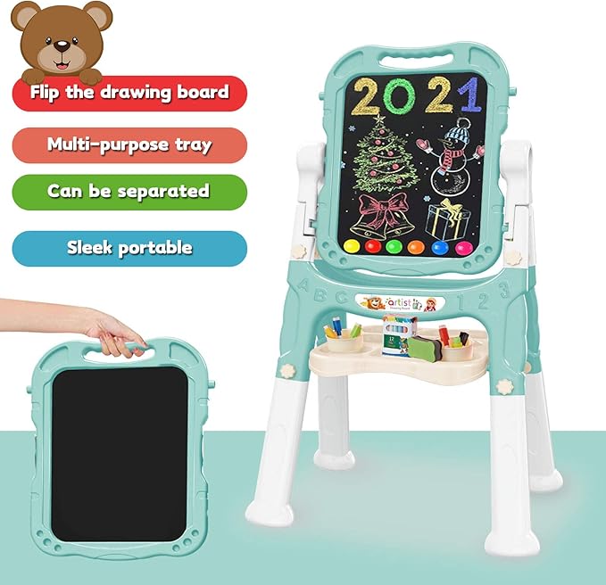 Easel for Kids,Rotatable Double Sided Easel for Kids Adjustable Standing Art Easel with Painting Accessories for Toddlers Boys and Girls-Green