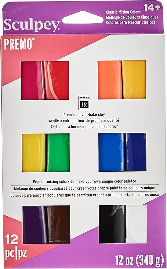Sculpey Premo Classic Mixing Color sampler pack, 12 colors, Polymer Oven-Bake Clay, Non Toxic, 12 oz., Great for jewelry making, holiday, DIY, mixed media and home décor projects