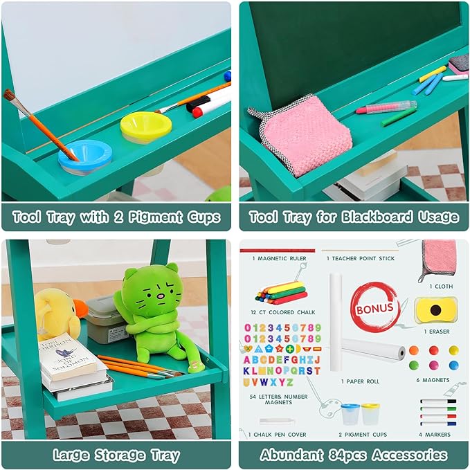 Easel for Kids Deluxe Foldable All-in-1 Toddler Easel with Paper Roll& 84pcs Accessories Magnetic Chalk-Whiteboard Art Center for Kids 3 4 5 6 7 8 Years Old Boys Girls-Green