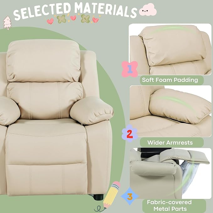Macaron Kids Reclining Chair Recliner Dual Storage Armrest Leather Sofa Toddler Youth Children Child Ages 2-8