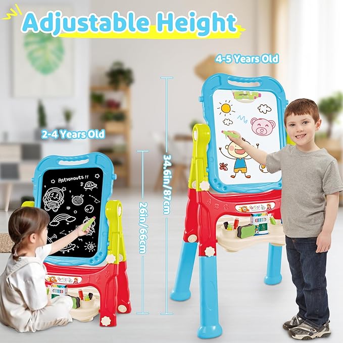 deAO Art Easel Toys for Kids, 4-in-1 Double Magnetic Drawing Board Adjustable Standing Rotatable Sidewalk Chalk with Painting Writing Accessories, Easel Toys Birthday Gifts for Girls Boy (Blue)