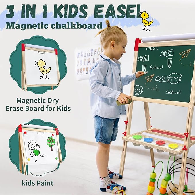 Easel for Kids,Adjustable Wooden Art Easel for Kids,114+ Art Supplies,Double Sided Magnetic Dry Erase Board and Chalkboard,3-in-1 Toddler Art Easels for Aged 3-4,5-7,8-12,2 Paper Rolls
