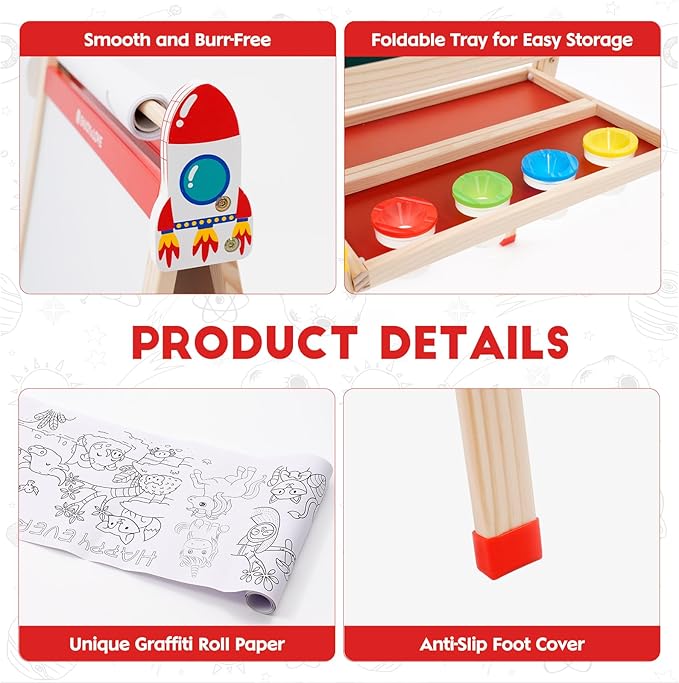 Easel for Kids Art Easel with Paper Roll, Wooden Toddler Easel for Kids Ages 2-4 4-8 8-12, Kids Painting Easel with Double Sided Chalkboard Whiteboard and Folding Storage Tray, Gift for Boys Girls