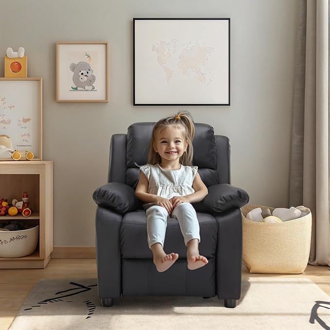 Macaron Kids Reclining Chair Recliner Dual Storage Armrest Leather Sofa Toddler Youth Children Child Ages 2-8