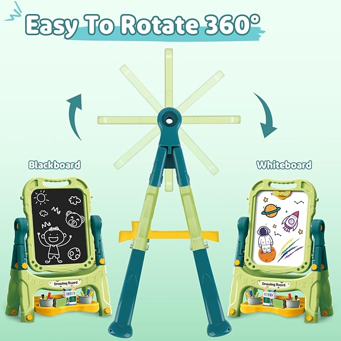 deAO Art Easel Toys for Kids, 4-in-1 Double Magnetic Drawing Board Adjustable Standing Rotatable Sidewalk Chalk with Painting Writing Accessories, Easel Toys Birthday Gifts for Girls Boy (Green)