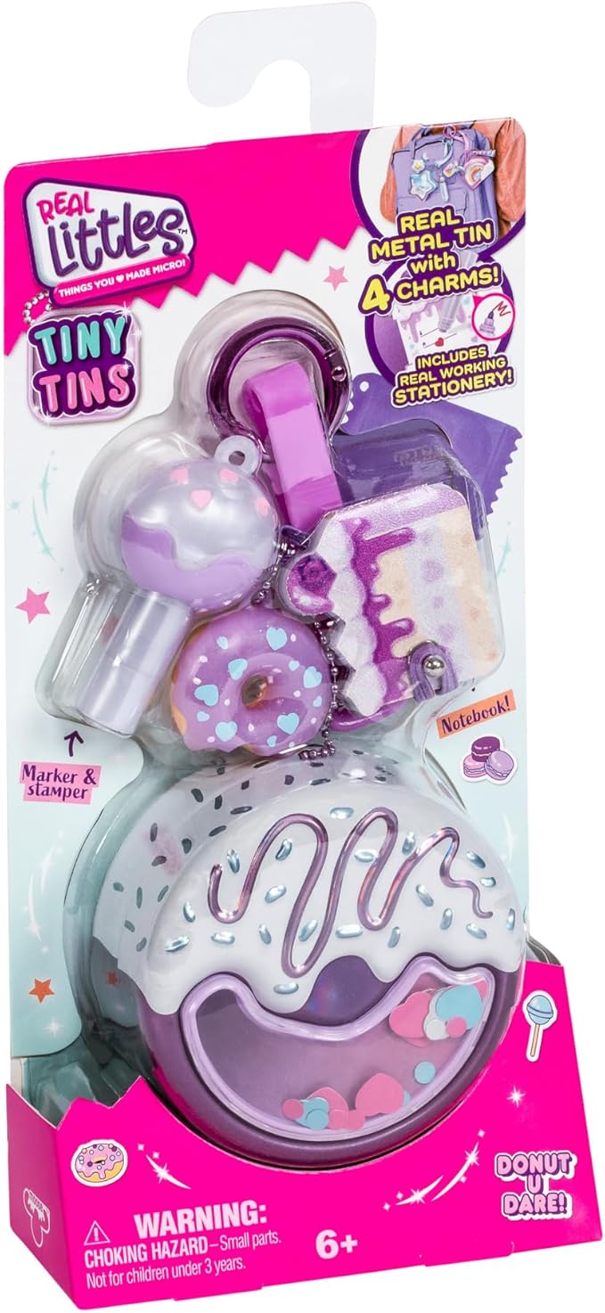REAL LITTLES Keychain, Tiny Tins with 4 Charms, Real Working Stationery, 6 to Collect, Multicolor