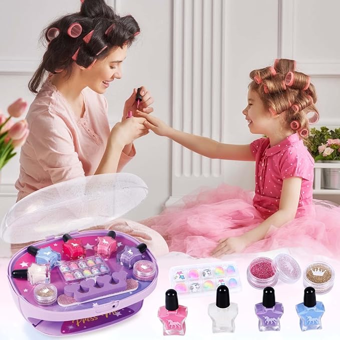 Golray Kids Nail Polish Set for Girls, All-in-One Nail Art Kit - Nail Dryer/ Nail Polish/ Glitter Powder/ False Nails/ Nail Decals/ Toe Separator/File, Age 3-12 Little Girl Gift Toys