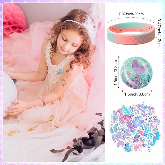 Capoda 122 Pcs Mermaid Party Favors for Girls Mermaid Theme Bracelets Keychains Pin Badges Stampers Rings Stickers Organza Bags for Piñata Stuffers Goodie Bag Fillers Birthday Decorations Supplies