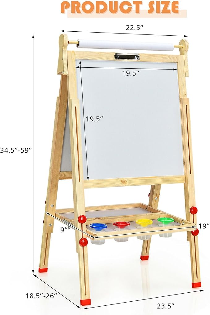 EAQ Easel for Kid,Height Adjustable Wooden Art Easel,Whiteboard Chalkboard with Paper Roll Holder,Letters and Numbers Magnets and Other Accessories Best Birthday Gift for Kids