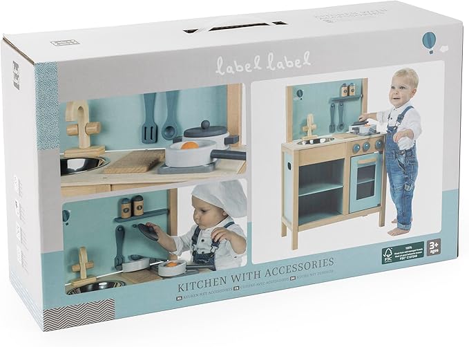 Wooden Kitchen Play Set - Green - Standing Appliance Toy, Cooking & Food Accessories, Storage-Oven-Sink, Pretend Play Station, Kid Age 3+