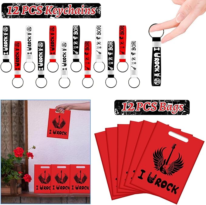 Rock and Roll Party Favors, Rock Star Supplies Decorations Includes 12 Keychain, 12 badge, 12 Bracelet,12Bags, 12 sheet tattoos for 80s 90s Rock Party Favors Goodie Bags Stuffers