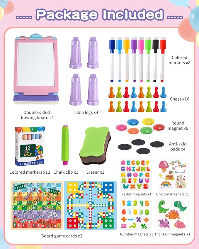 Easel for Kids, 4 in 1 Double Sided Toddler Art Easel with Chalkboard & Magnetic Whiteboard, Foldable Kid Tabletop Easel with Drawing & Writing Accessories - Educational Gift for Girl (Purple)