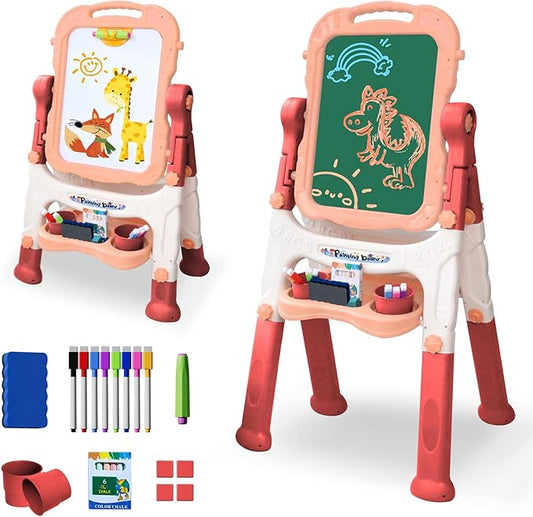 Easel for Kids, Double Sided Kids Art Easel with White Board & Chalk Board, Adjustable Standing Toddler Easel with Drawing & Writing Accessories, Toy for Age 2-4 Boys Girls Birthday Gifts (Pink)