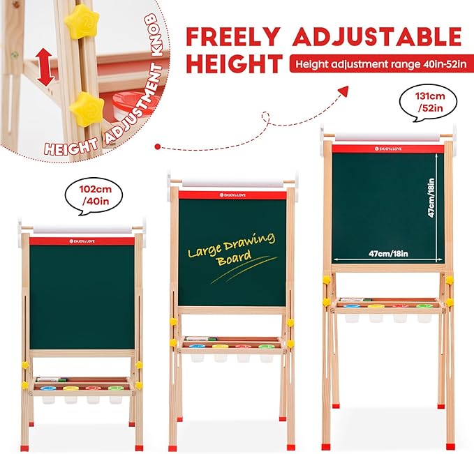 Easel for Kids Art Easel with Paper Roll, Wooden Toddler Easel for Kids Ages 2-4 4-8 8-12, Kids Painting Easel with Double Sided Chalkboard Whiteboard and Folding Storage Tray, Gift for Boys Girls