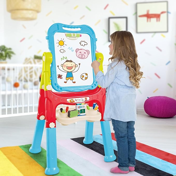 deAO Art Easel Toys for Kids, 4-in-1 Double Magnetic Drawing Board Adjustable Standing Rotatable Sidewalk Chalk with Painting Writing Accessories, Easel Toys Birthday Gifts for Girls Boy (Blue)