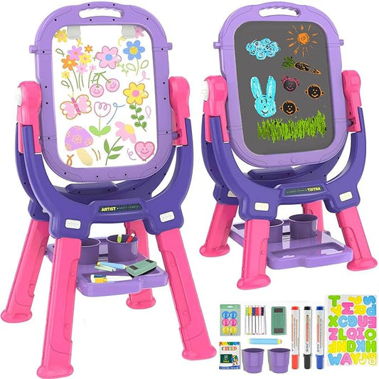 Easel for Kids, Toddler Art Easel Adjustable Standing, Magnetic Double Sided Easel with Painting Accessories Gift for Boys and Girls (Purple red)