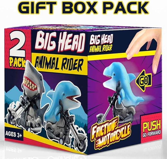 DINOBROS Shark Toy Car 2 Pack Friction Powered Motorcycle Monster Sea Animal Game Great White Shark and Dolphin Toys