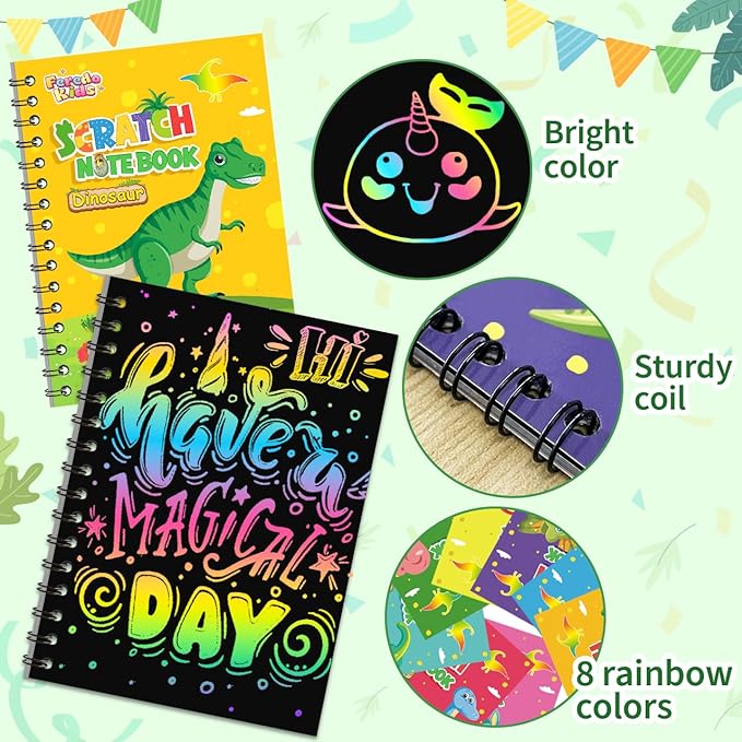 Party Favors Birthday Gifts for Kids: 24 Pack Scratch Art Notebook Party Favors for Kids Goodie Bags Stuffers Girls Boys Art Craft Kit Birthday Gifts for Classroom Prizes Christmas Gifts - Dinosaur