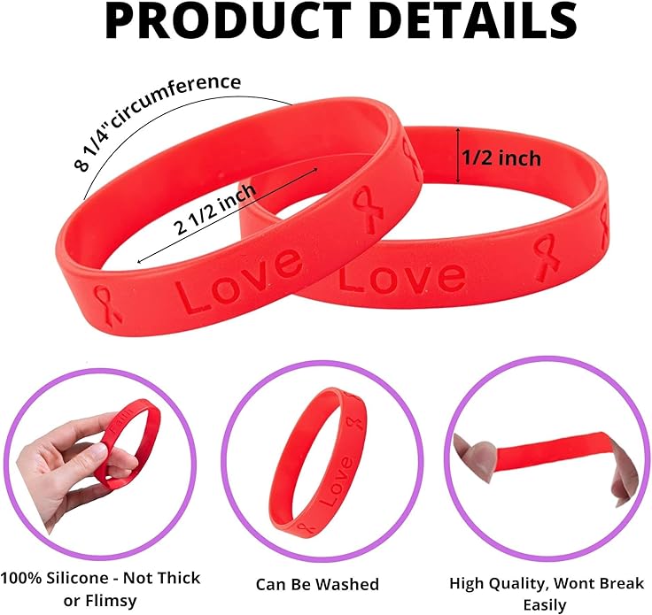 Silicone Bracelet – Red Ribbon Awareness Silicone Bracelet-Inexpensive Red Ribbon Rubber Wristbands for Heart Disease, High blood Pressure, Hypertension, AIDS, HIV Awareness & Fundraising-Perfect for Men and Women