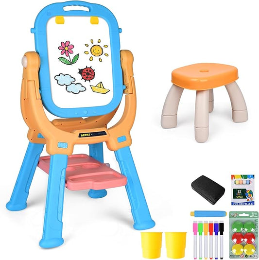 Double-Sided 360°Rotating Kids Easel and Toddler Art Easel, Equipped with A Little Bench and Painting Accessories, Childrens Art Easel for Kids 3-4, Gifts for Toddler (Orange+Blue)
