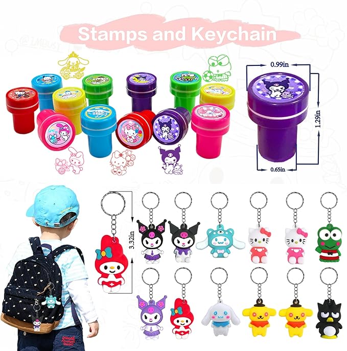 Cute Party Favors,Cute Birthday Party Supplies include 12Goodie Boxes, 12DIY Stickers, 12Slap Bracelets, 12Stamps, 12Keychains,Best Goodie Bags Stuffers for Kawaii Themed,Pinata Fillers,School Prizes