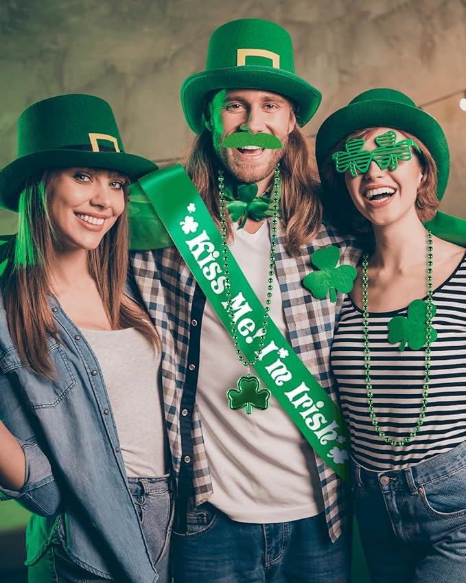 St. Patrick's Day Party Favor Set, St. Patrick's Day Novelty Jewelry Assortment with Headband Necklace Bracelet Glasses Tattoo Stickers Accessories Kiss Me I'm Irish Sash for Irish Party Décor
