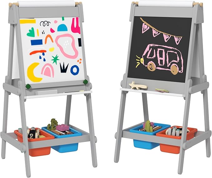 Qaba Art Easel, Easel for Kids with Paper Roll, Double Sided Whiteboard & Chalkboard for Toddlers Aged 3-8 Years Old, with Painting Paper Stand, 2 Storage Boxes, Gray