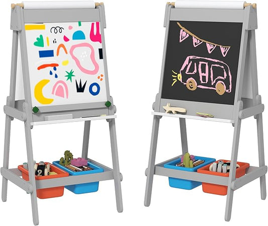 Qaba Art Easel, Easel for Kids with Paper Roll, Double Sided Whiteboard & Chalkboard for Toddlers Aged 3-8 Years Old, with Painting Paper Stand, 2 Storage Boxes, Gray