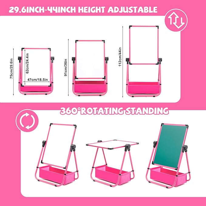 Kids Art Easel Double Sided Iron Easel 29.6inch-44inch Height Adjustable Drawing Board 360° Rotatable Easel Whiteboard & Chalkboard Standing Art Easel for Kids Boys Girls 3+