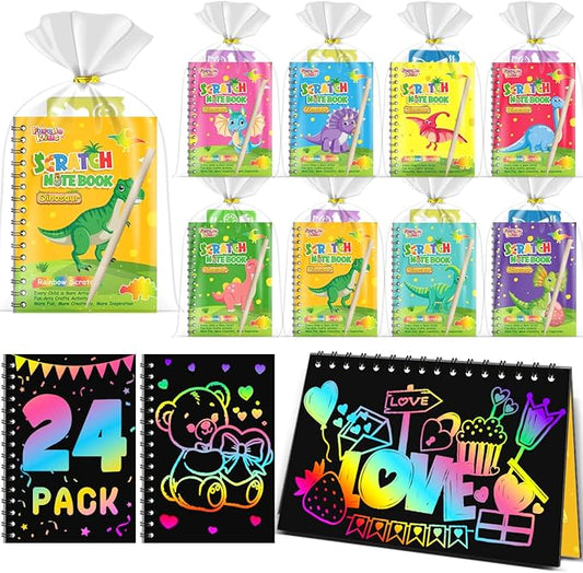 Party Favors Birthday Gifts for Kids: 24 Pack Scratch Art Notebook Party Favors for Kids Goodie Bags Stuffers Girls Boys Art Craft Kit Birthday Gifts for Classroom Prizes Christmas Gifts - Dinosaur