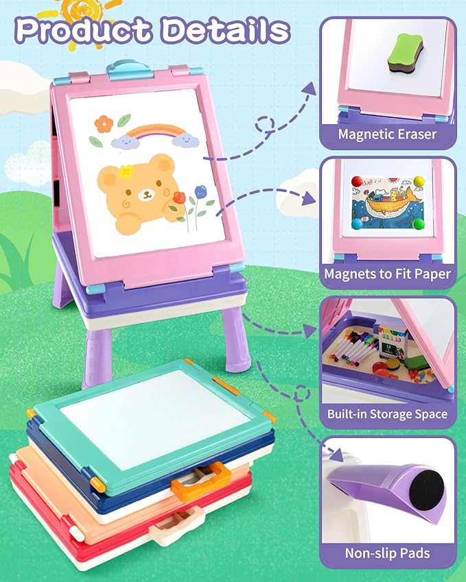 Easel for Kids, 4 in 1 Double Sided Toddler Art Easel with Chalkboard & Magnetic Whiteboard, Foldable Kid Tabletop Easel with Drawing & Writing Accessories - Educational Gift for Girl (Purple)