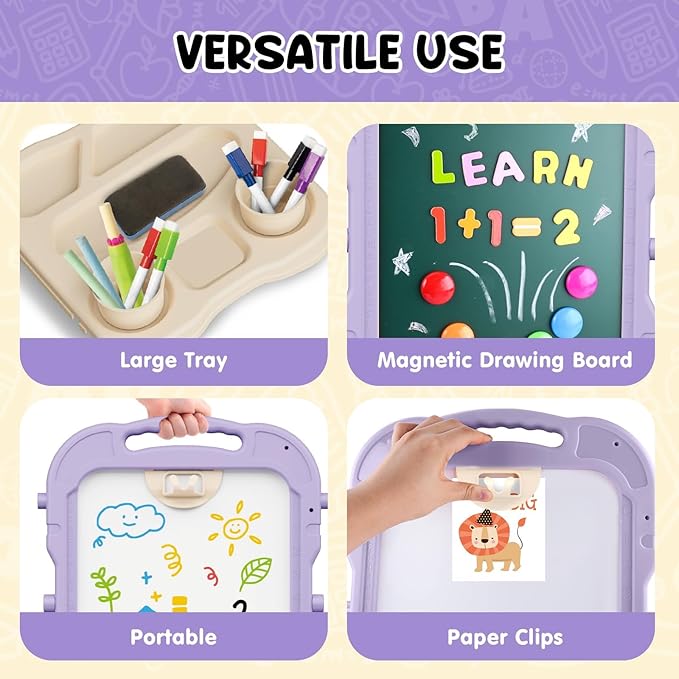 Easel for Kids, Kids Easel, Double-Sided Art Easel for Kid 3-4, Chalk Board Kid, Toddler Easel, White Board Kid, Kid Art Easel, Art Easel for Kid Age 4-8, Christmas Gift for Kids, Pink&Purple
