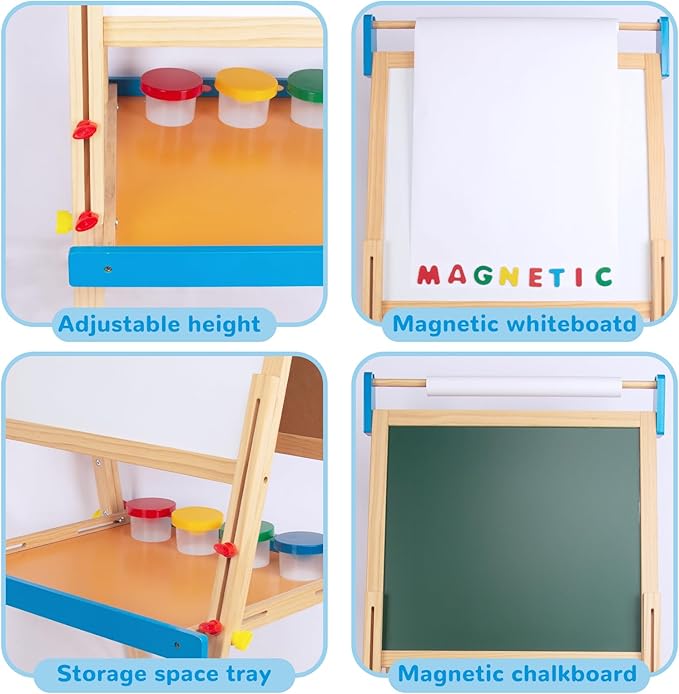 Easel for Kids with Drawing Paper Roll, Learning Toy for 3,4,5,6,7,8 Years Old Boy & Girls, Wooden Chalkboard & Magnetic Whiteboard & Painting Paper Stand, Gift & Art Supplies for Toddler