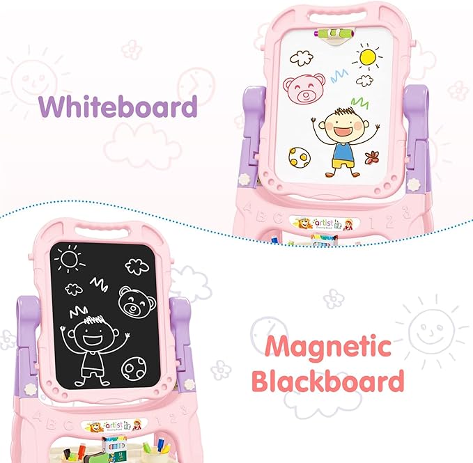 Toddler Easel, Adjustable Standing Easel for Toddlers, Double Magnetic Drawing Board with Painting Accessories, Birthday Present for Little Boys and Girls, Pink