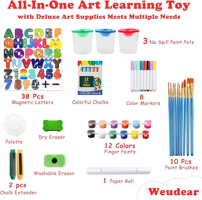 Easel for Kids Including 100+ Accessories, Kids Easel Double Sided Wooden, White Board & Magnetic Drawing Board & Paper Roll, Height Adjustable Standing Art Easel for Kids 3-4 4-8 9-12