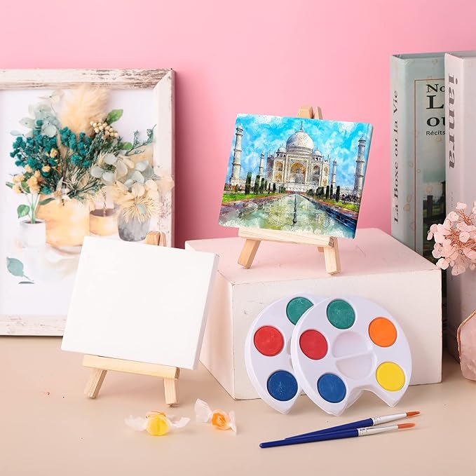 Glenmal Watercolor Paint Sets 3 x 4 Small Painting Canvas with Easel Paints Brush Set Kids Art Party Favors and Party Supplies Washable Watercolor Bulk for Kids Birthday Prizes (24 Sets)