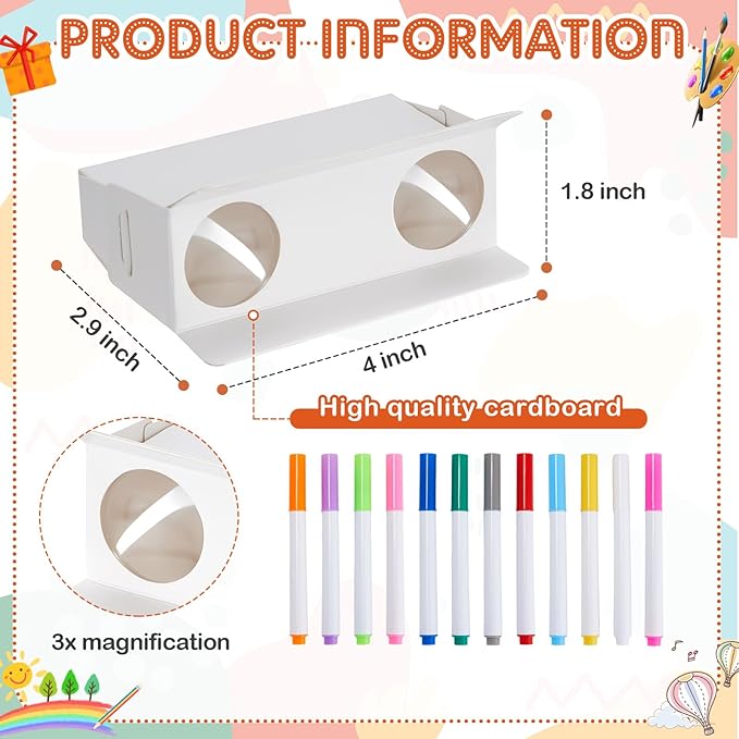 Shappy 50 Pieces Cardboard Folding Binoculars with Coloring Markers Paintable Make Your Own Paper Binocular 3X Magnification DIY Art Craft Toys for Boys Girls Birthday Party Supplies Class Activity