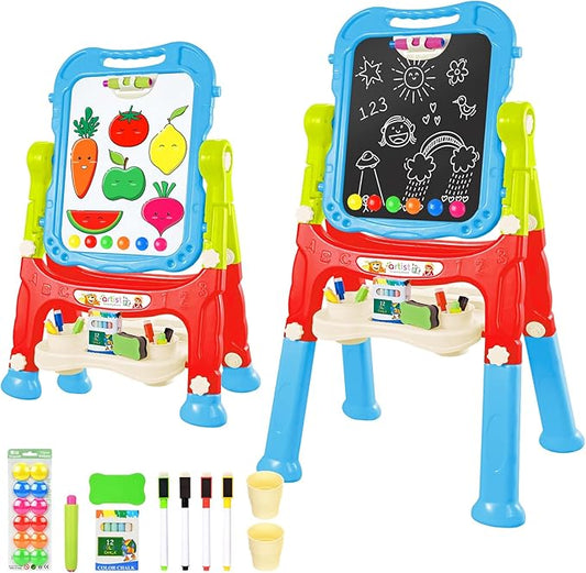 Easel for Kid, Double Sided Kids Art Easel with Magnetic Chalkboard & White Board, Adjustable Standing Painting Drawing Board for Toddler, Education Gift Toy for Boy Girls Age 3, 4, 5 (Blue+red)