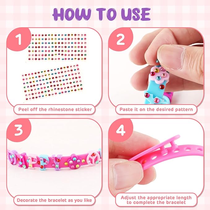 Kids Silicone Bracelets with Rhinestone Stickers - Adjustable Letter Rubber Bracelets Wristbands, Boys Girls Dress Up Jewelry Accessories Party Favors Decoration Birthday Gifts for Ages 6 7 8