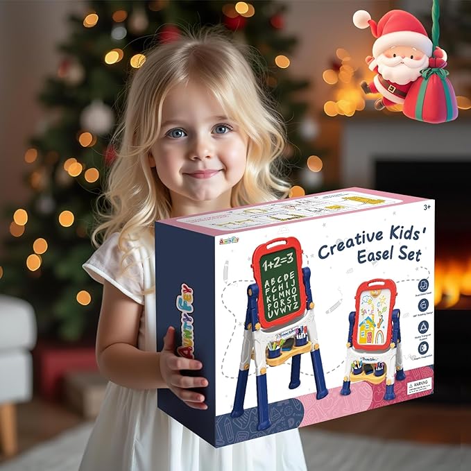 Easel for Kids, Kids Easel, Double-Sided Art Easel for Kid 3-4, Chalk Board Kid, Toddler Easel, White Board Kid, Kids Art Easel, Art Easel for Kids Ages 4-8, Christmas Gifts for Kids,Red&Pink